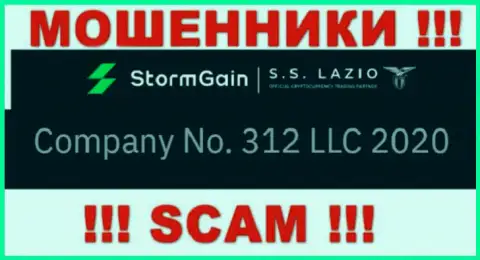 Рег. номер StormGain Com, взятый с их официального сайта - 312 LLC 2020