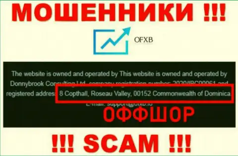 Компания ОФИксБ указывает на информационном портале, что расположены они в оффшорной зоне, по адресу 8 Copthall, Roseau Valley, 00152 Commonwealth of Dominica
