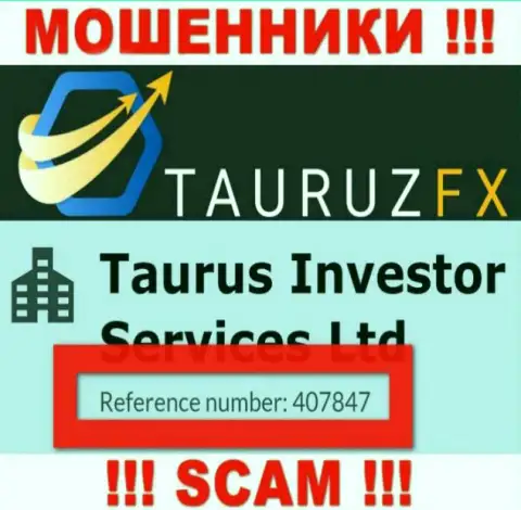Регистрационный номер, принадлежащий преступно действующей компании ТаурузФХ Ком: 407847