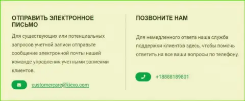 Телефон и адрес электронного ящика дилинговой компании KIEXO