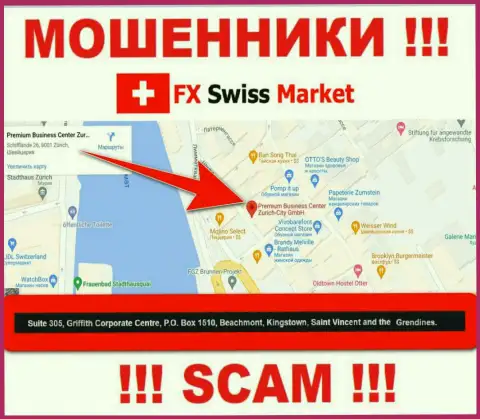 Контора FX-SwissMarket Com указывает на сайте, что находятся они в офшоре, по адресу Suite 305, Griffith Corporate Centre, P.O. Box 1510,Beachmont Kingstown, Saint Vincent and the Grenadines