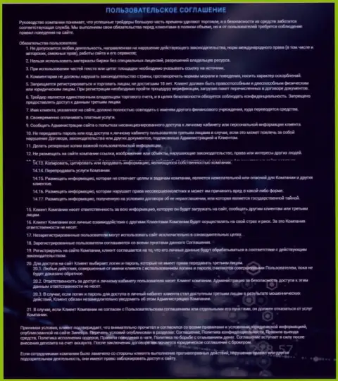 Пользовательское соглашение Zineera, представленное на сайте брокерской организации