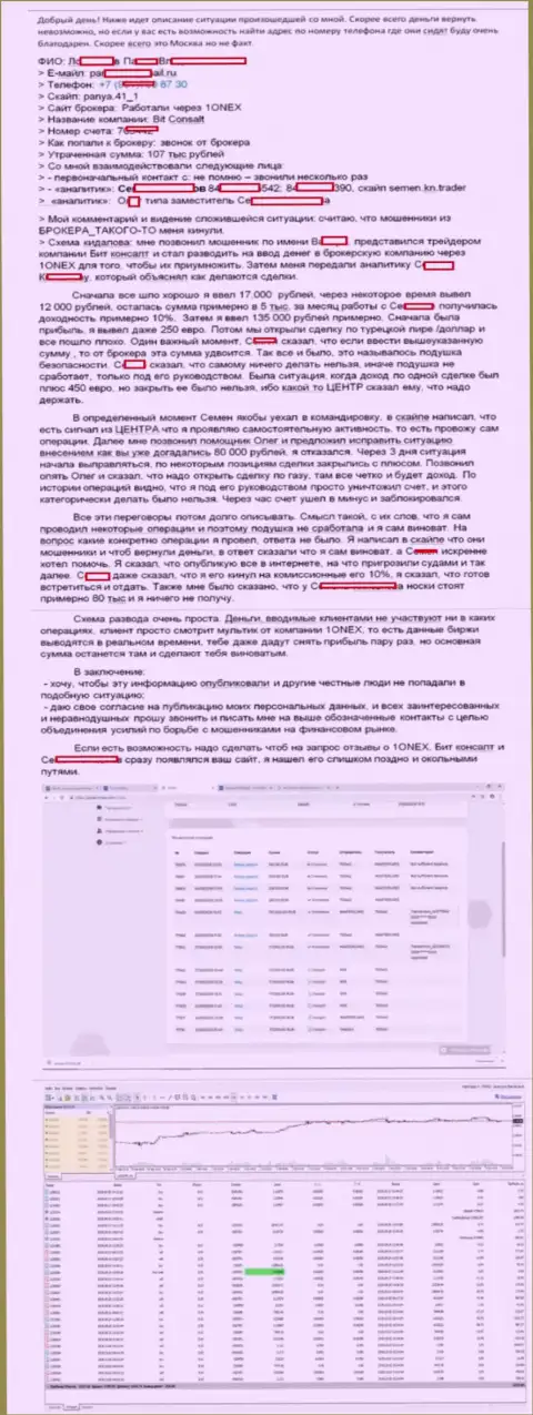 Детальная история грабежа клиента обманщиками из 1Onex Pty Limited на сумму в размере 107 тыс. российских рублей